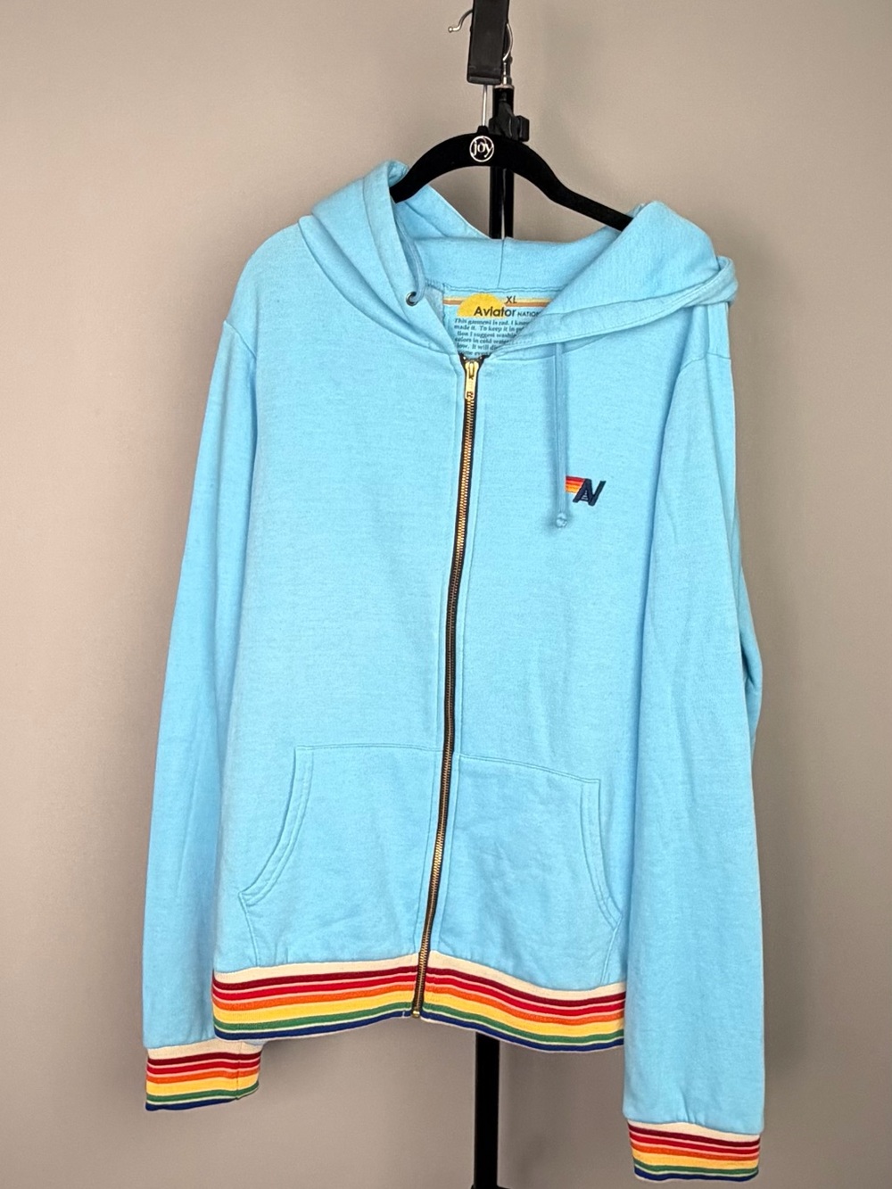 Aviator Nation Sky Blue Full-Zip Hoodie with Rainbow Stripe Hem